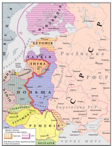 Розмежування сфер інтересів Німеччини та СРСР у Східній Європі, згідно з Секретним додатковим протоколом до Пакту Молотова-Ріббентропа 23.08.1939.